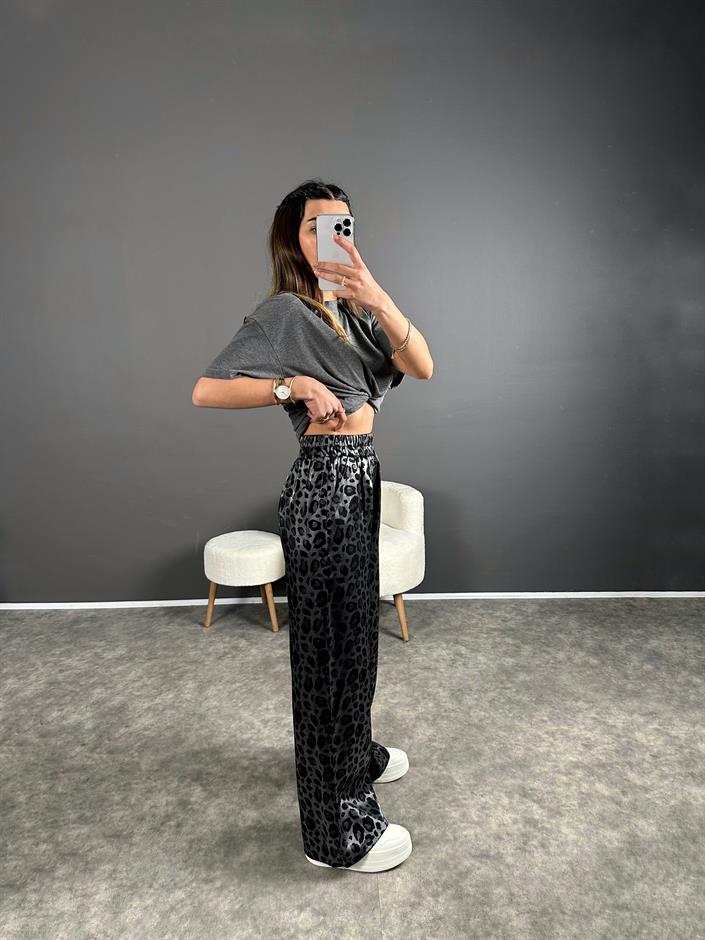 Gri Leoparlı Parlak Beli Lastikli Pantolon 