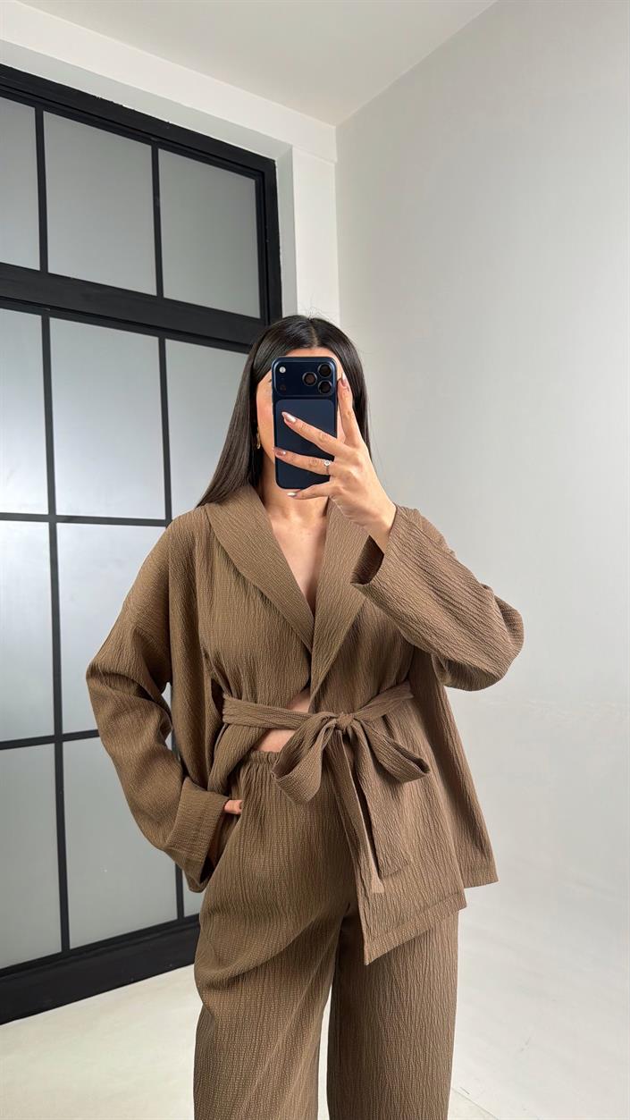 Kahve Kimono Beli Lastikli Pantolon İkili Muadil Takım GAUS-01113