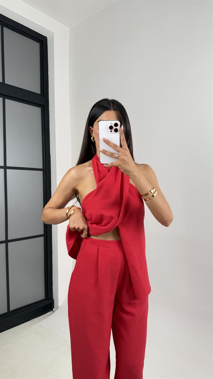 Kırmızı Boyundan Bağlamalı Bluz Cepli Pantolon Tasarım Keten Takım Gaus00667
