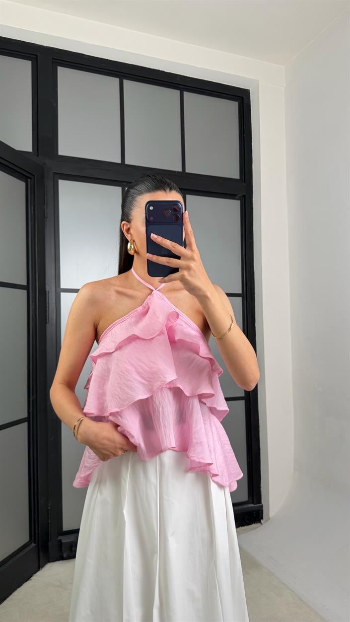 Pembe Boyundan Bağlamalı Fırfır Detaylı  Bluz GAUS-01465
