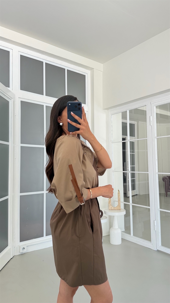 Camel Beli Lastikli Paraşüt Kumaş Elbise GAUS-01806