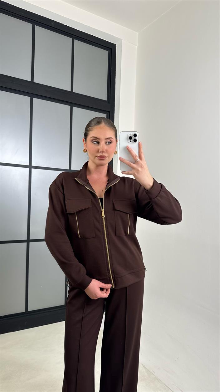Acı Kahve Cep Detaylı Hırka Beli Lastikli Pantolon Modal Takım GAUS-00620
