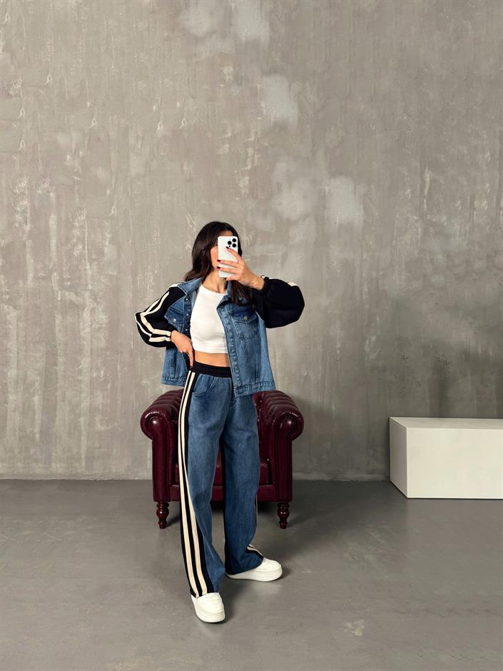 Gong Siyah Denim Karışımlı Şeritli Takım