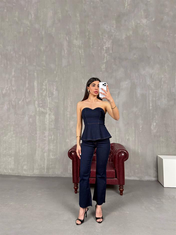 Lacivert Flare Jean Straplez Crop Volanlı Tasarım Denim Takım Gaus00064