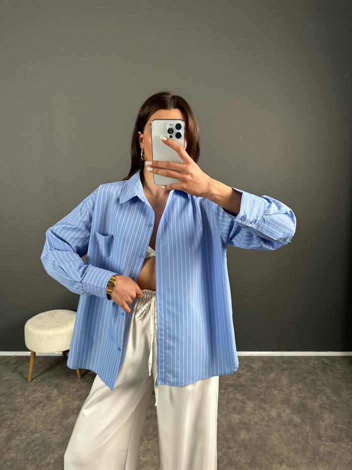 Raiza Mavi Çzigili Oversize Gömlek 