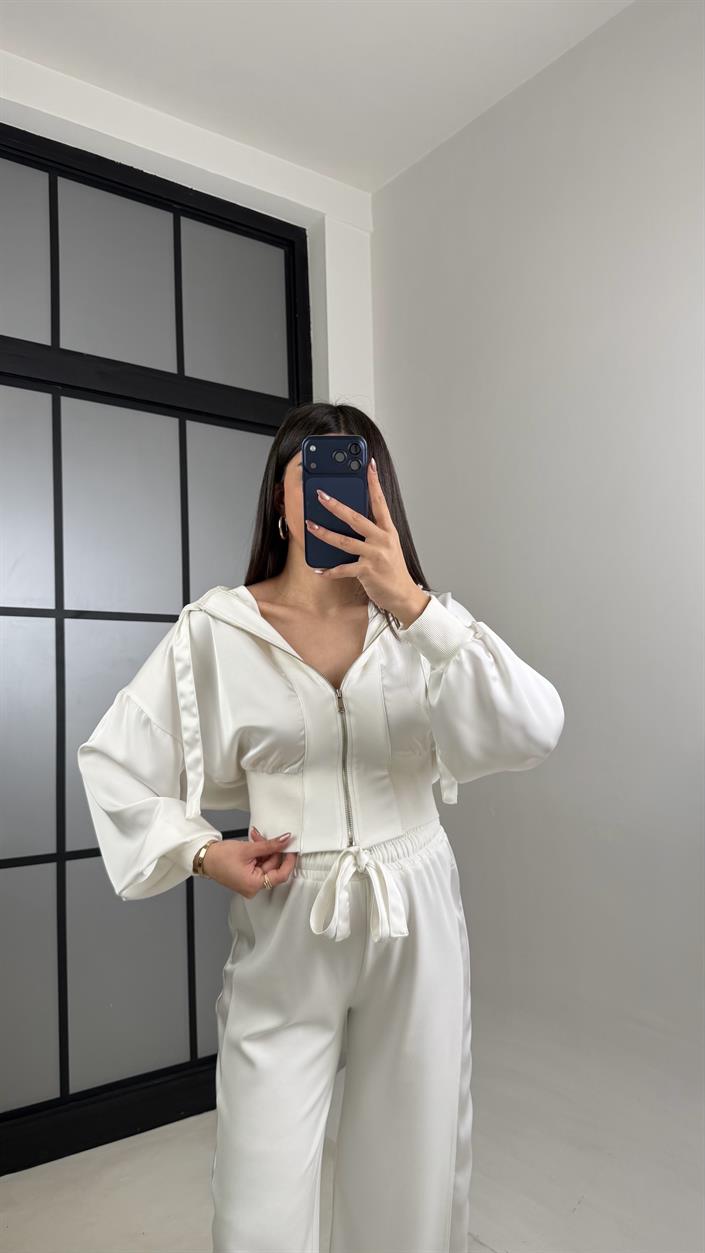 Beyaz Saten Detaylı Hırka Beli Lastikli Pantolon Tasarım Takım GAUS-01096
