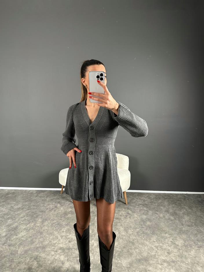 Lole Antrasit Düğmeli Triko Mini Elbise