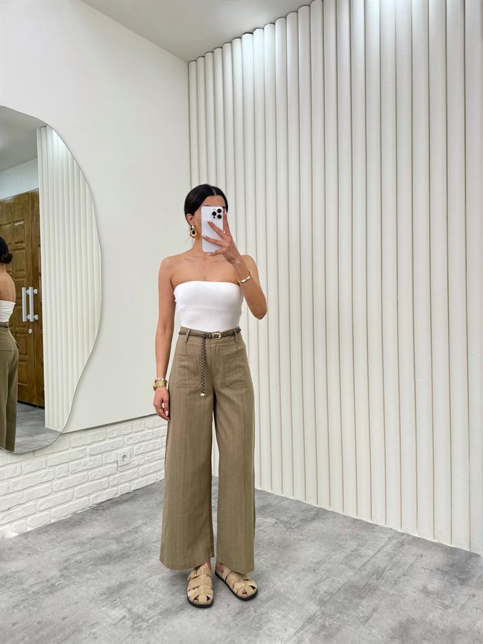 Haki Örgü Kemerli Cepli Keten Pantolon Gaus00332