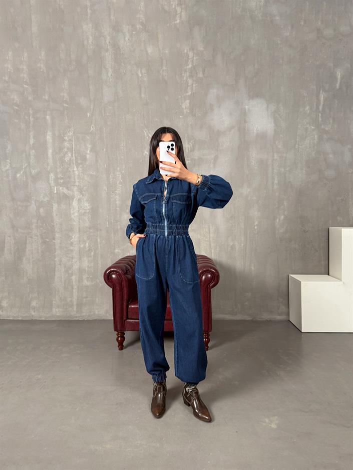 Setre Mavi Önden Fermuarlı Denim Tulum