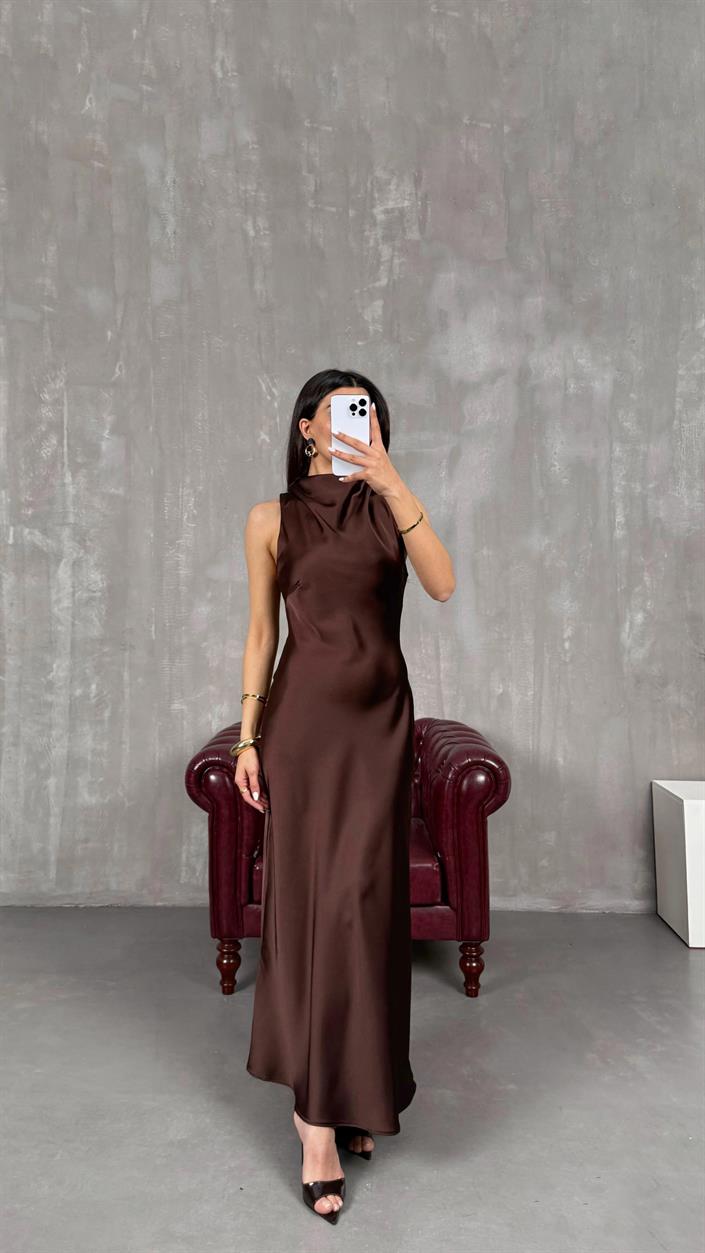 Kahve ZR Model Kemerli Saten Elbise GAUS-01259