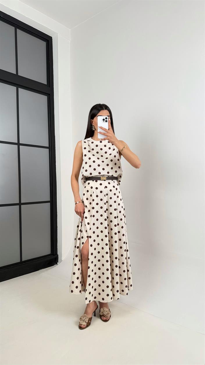 Taş Kahve Puantiyeli Crop Yırtmaçlı Etek Keten Takım Gaus00401
