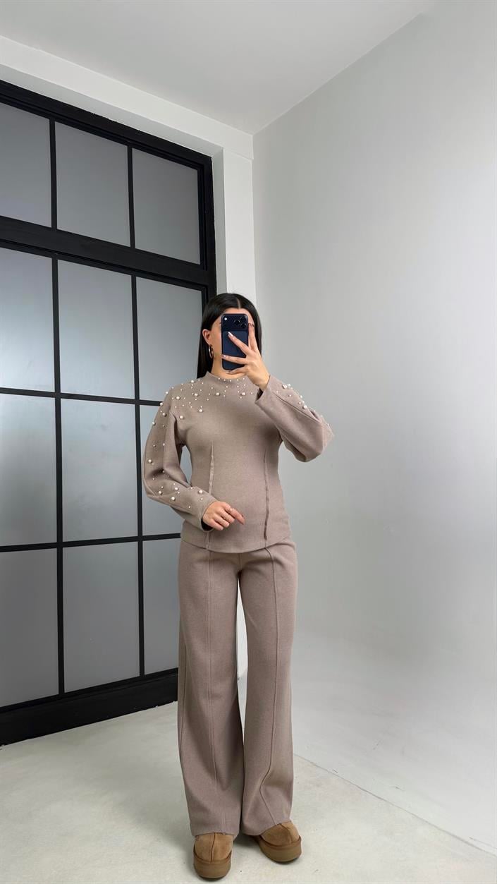 Vizon İnci İşleme Detaylı Kazak Pantolon Selanik Triko Takım GAUS-01069