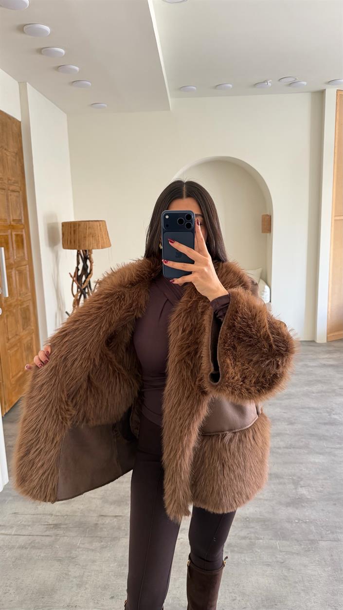 Kahve Astarlı Cepli Premium Kürk GAUS-00763