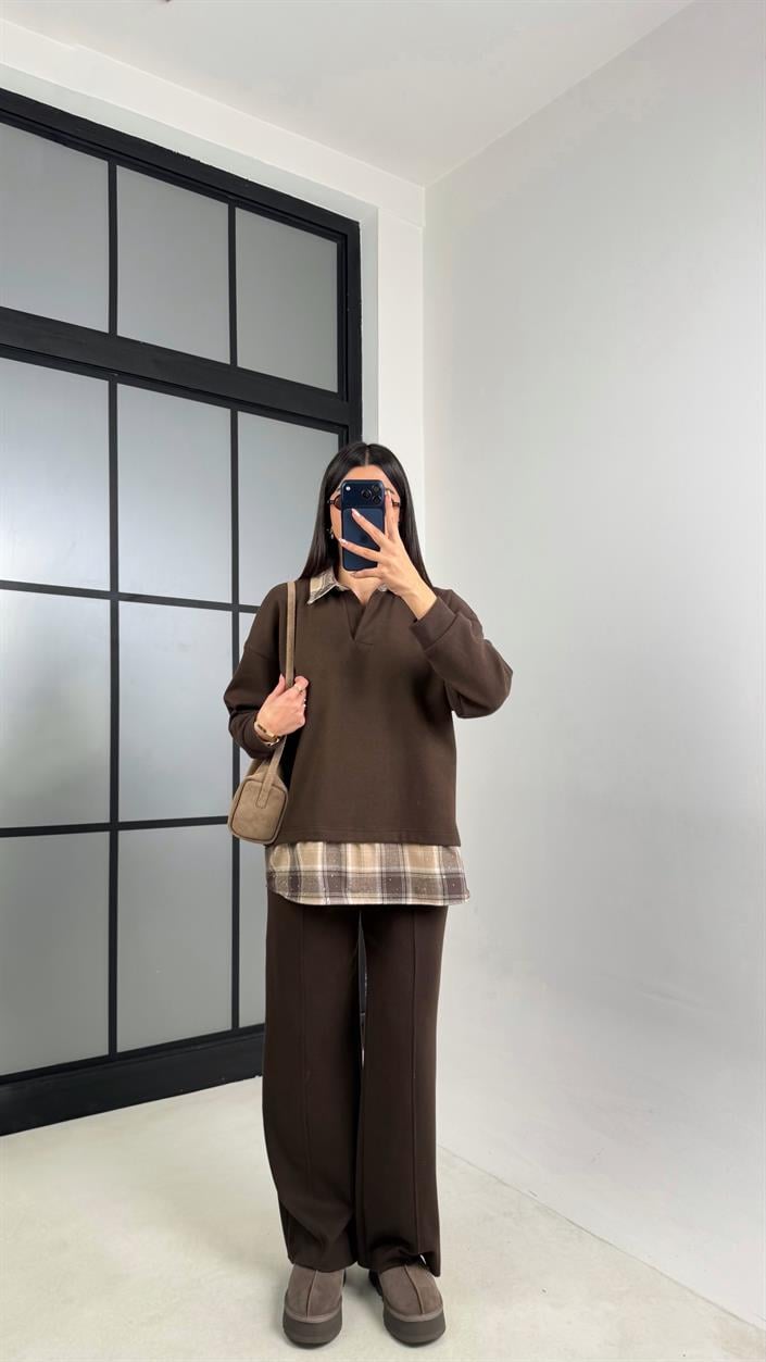 Acı Kahve Gömlek Taş Detaylı Kazak Beli Lastikli Pantolon Örme Takım GAUS-00831