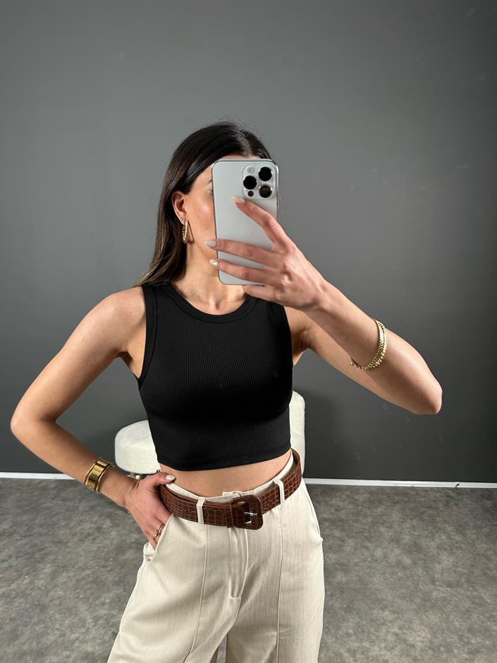 Siyah Fitilli Atlet Crop 