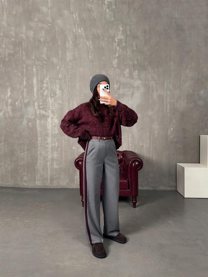 Rodni Gri Bordo Şeritli Yünlü Poliviskon Tasarım Pantolon