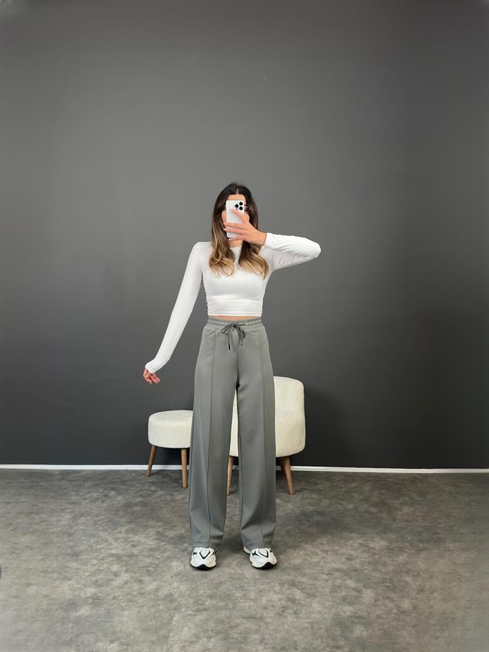 Eyra Gri Çımalı Beli Lastikli Pantolon