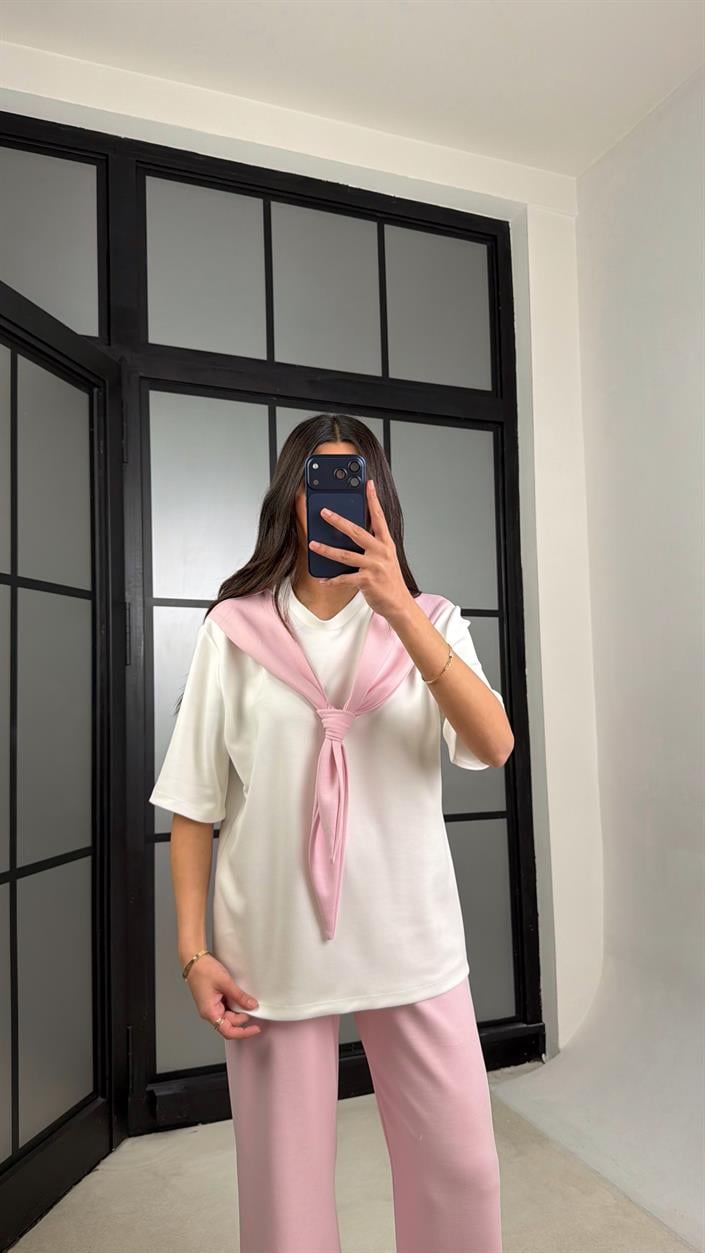 Pembe Şal Detaylı Basic Tshirt Beli Lastikli Pantolon İkili Eşofman Takımı GAUS-01284