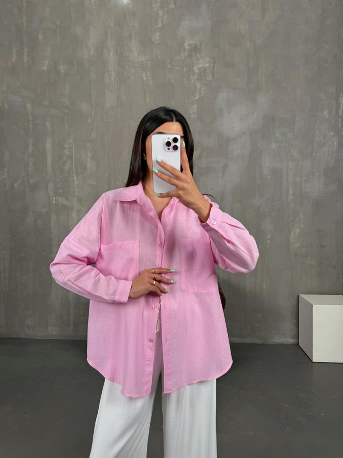 Pembe Cepli Keten Gömlek Gaus00253