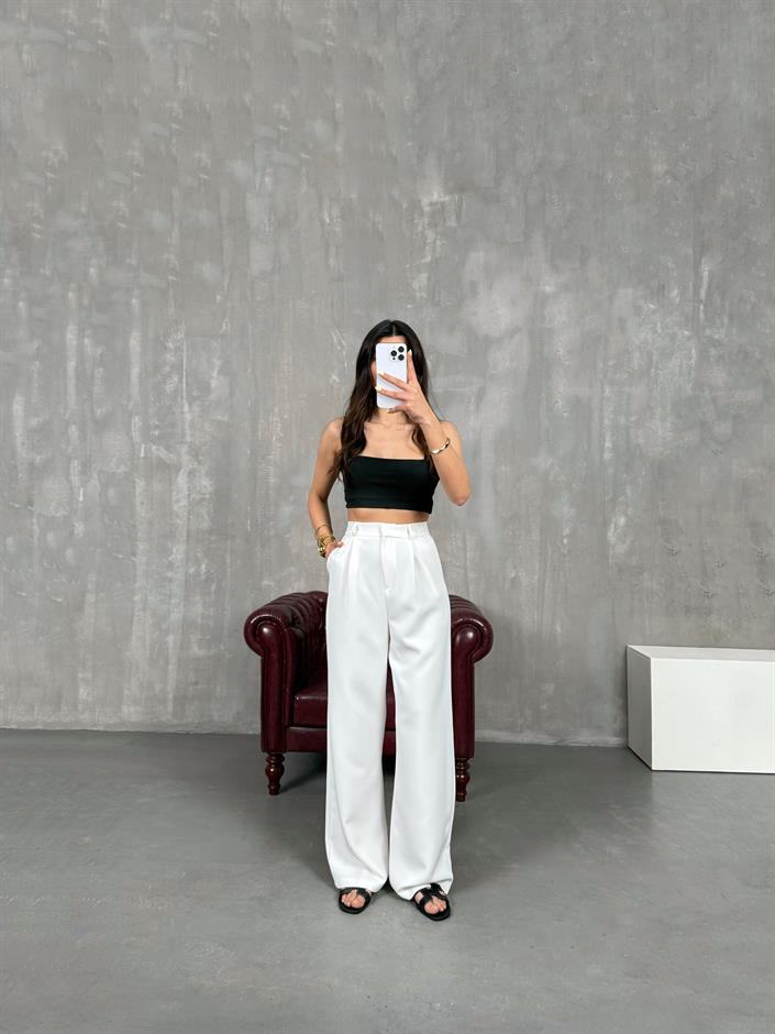 Beyaz Palazzo Kumaş Pantolon Gaus00140