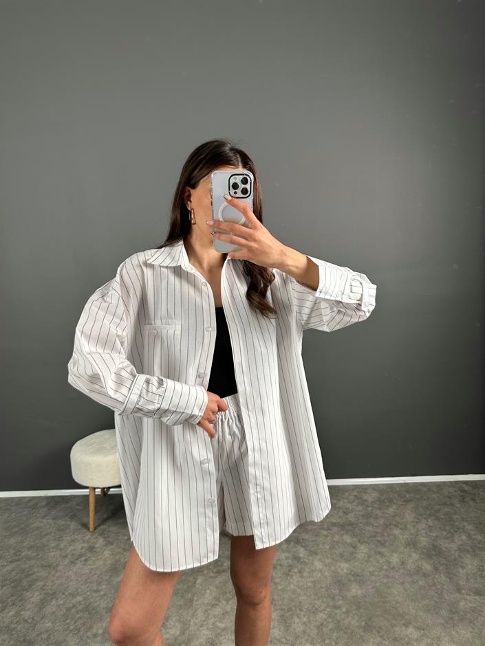 Siyah Çizgili Zr Model Şortlu Gömlek Takım