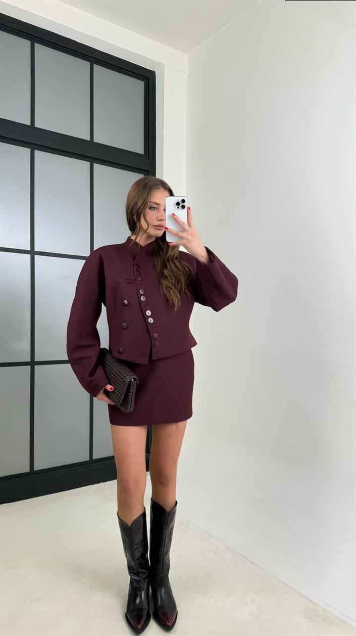 Mürdüm Düğmeli Astarlı Vatkalı Ceket Etek Premium Takım GAUS-00836