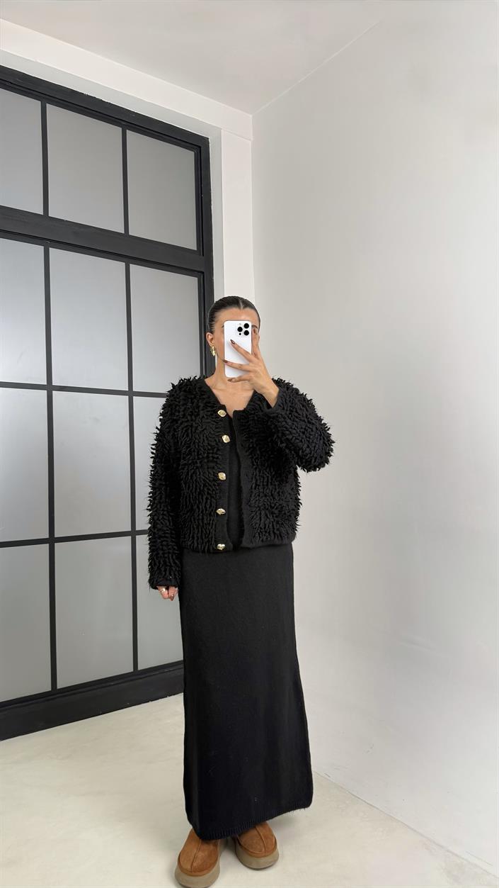 Siyah Saçaklı Hırka Elbise 2li Triko Takım GAUS-00482