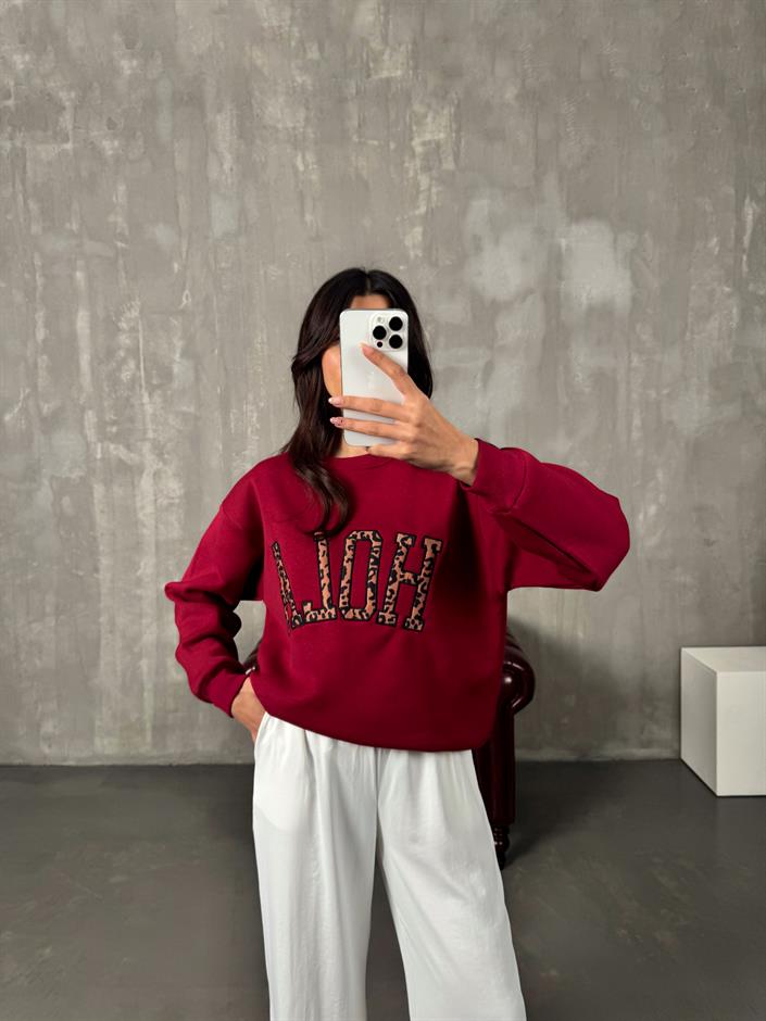 Kyre Bordo Hola Leopar Baskılı Sweat