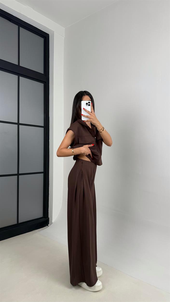 Acı Kahve Cepli Yelek Beli Lastikli Pantolon Modal Eşofman Takım Gaus00523