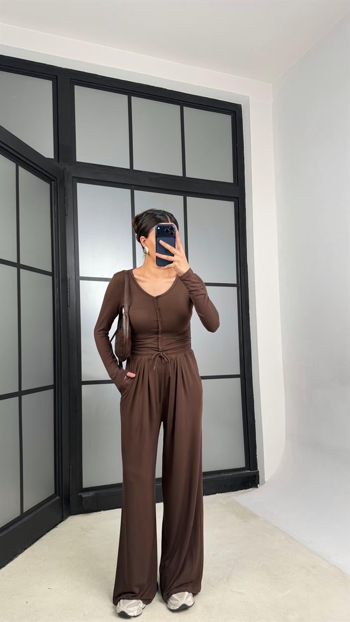 Kahve Düğmeli Bluz Beli Lastikli Eşofman Kaşmir Dokulu Takım GAUS-01333