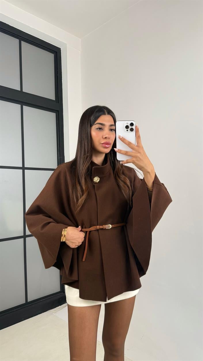 Acı Kahve Gina ZR Model Kemerli Kaşe Panço GAUS-0091