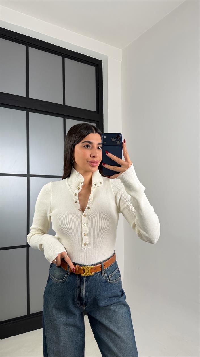 Ekru Çıtçıt Düğmeli Triko Kazak GAUS-00780