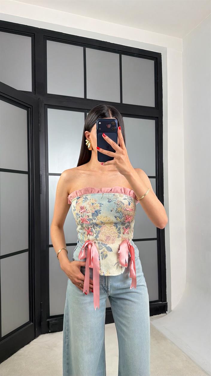 Pembe Çiçek Desenli Korse GAUS-01552