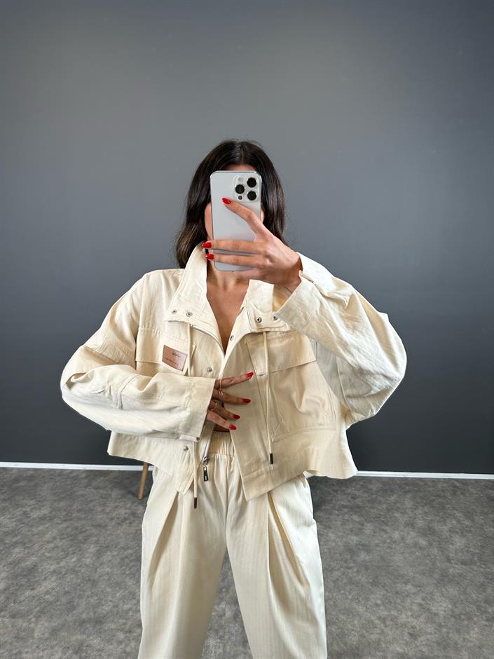 Gabardin Bej Baskılı Oversize Ceket 