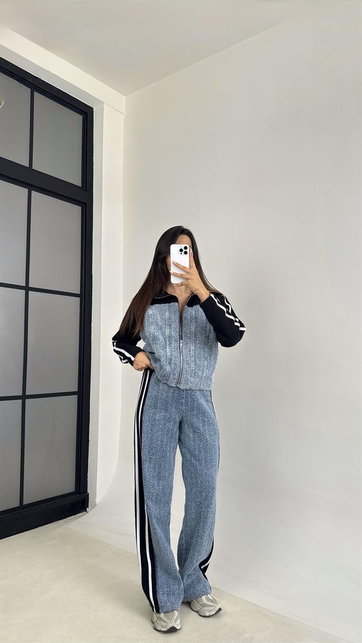 Siyah Şeritli Denim Detaylı Ceket Beli Lastikli Pantolon İkili Takım GAUS-00113