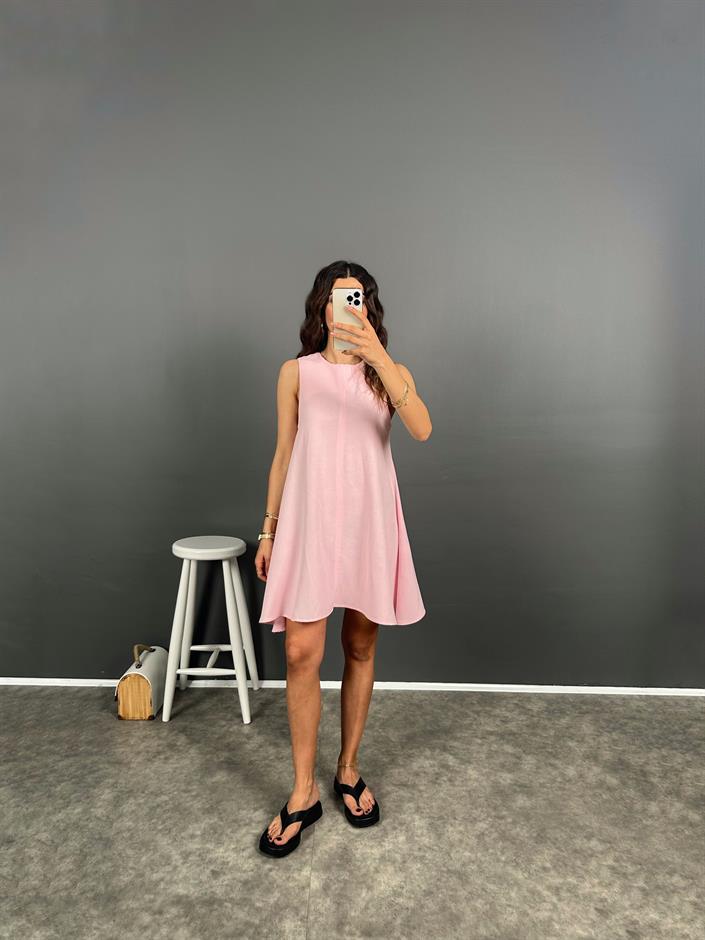 Lonse Şeker Pembe Keten Sıfır Kol Basic Elbise