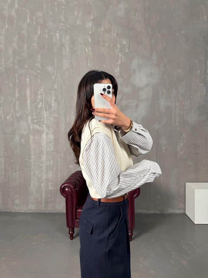 Dope Ekru Kahve Çizgili Gömlek Detaylı Düğmeli Hırka 