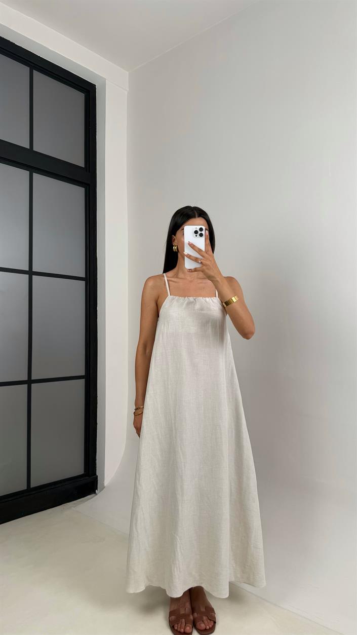 Taş Ayarlanabilir Askılı Muadil Kırışık Kumaş Elbise Gaus00674