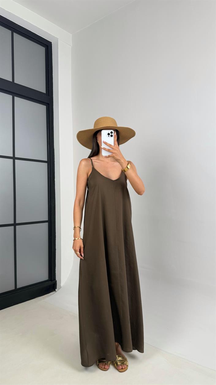 Haki Ayarlanabilir Askılı Astarlı Tencel Elbise Gaus00690