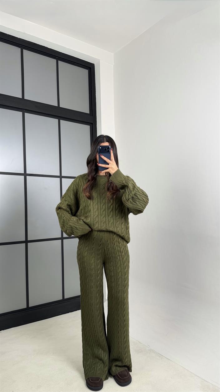 Haki Saç Örgülü Kazak Beli Lastikli Pantolon Triko Takım GAUS-00592