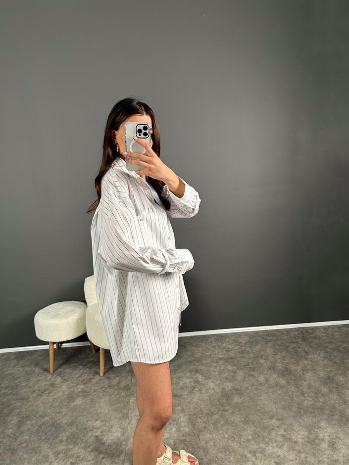 Siyah Çizgili Zr Model Şortlu Gömlek Takım