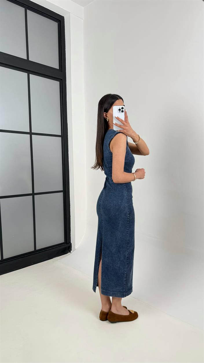 Mavi Yıkamalı Gold Detaylı Yırtmaçlı Likralı Denim Elbise DNM01 Gaus00375