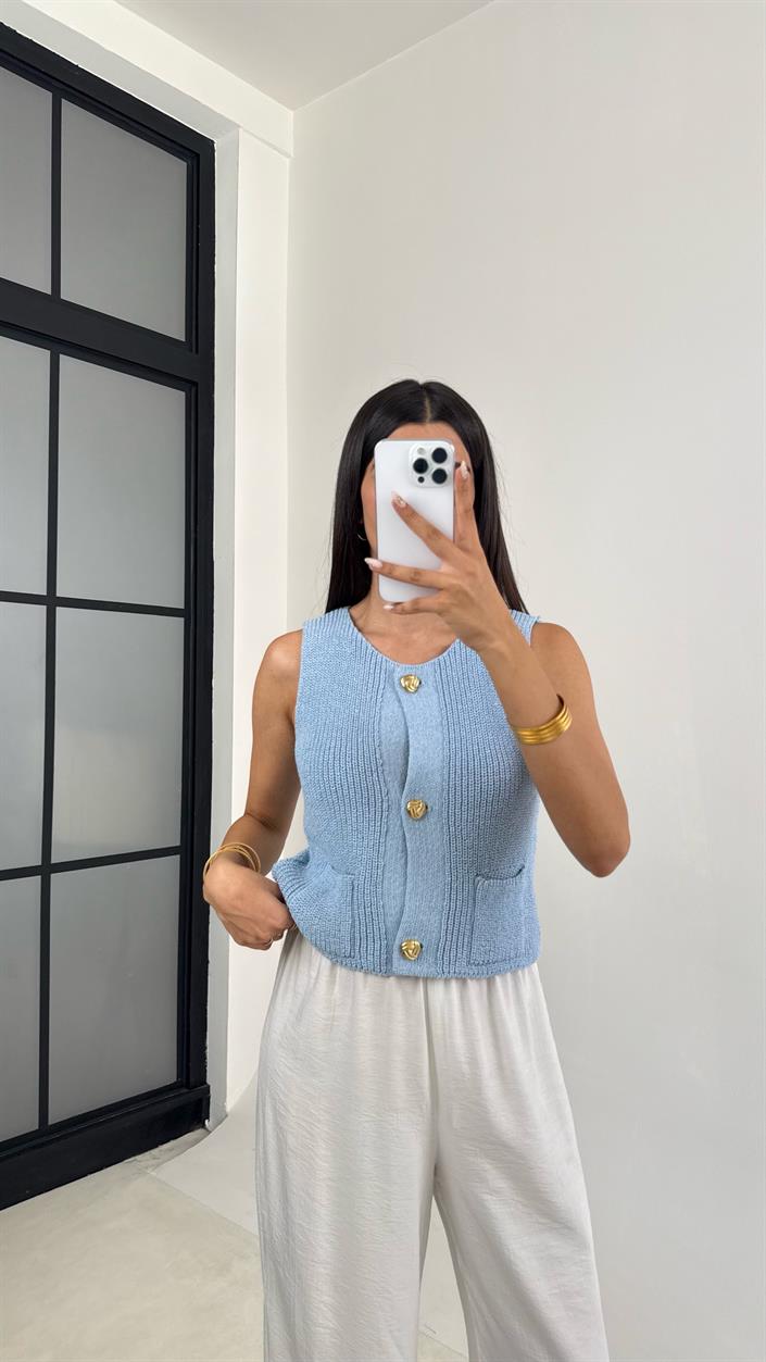 Mavi Cep Detaylı Gold Düğmeli Triko Yelek GAUS-0058