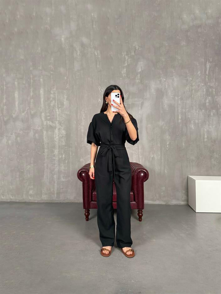 Siyah Kuşaklı V Yaka Keten Kısa Balon Kol Tulum Gaus00179