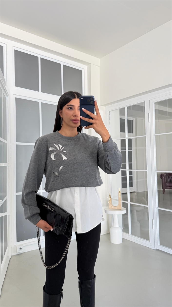 Gri TWST Model Gömlek Detaylı Sweatshirt GAUS-02059