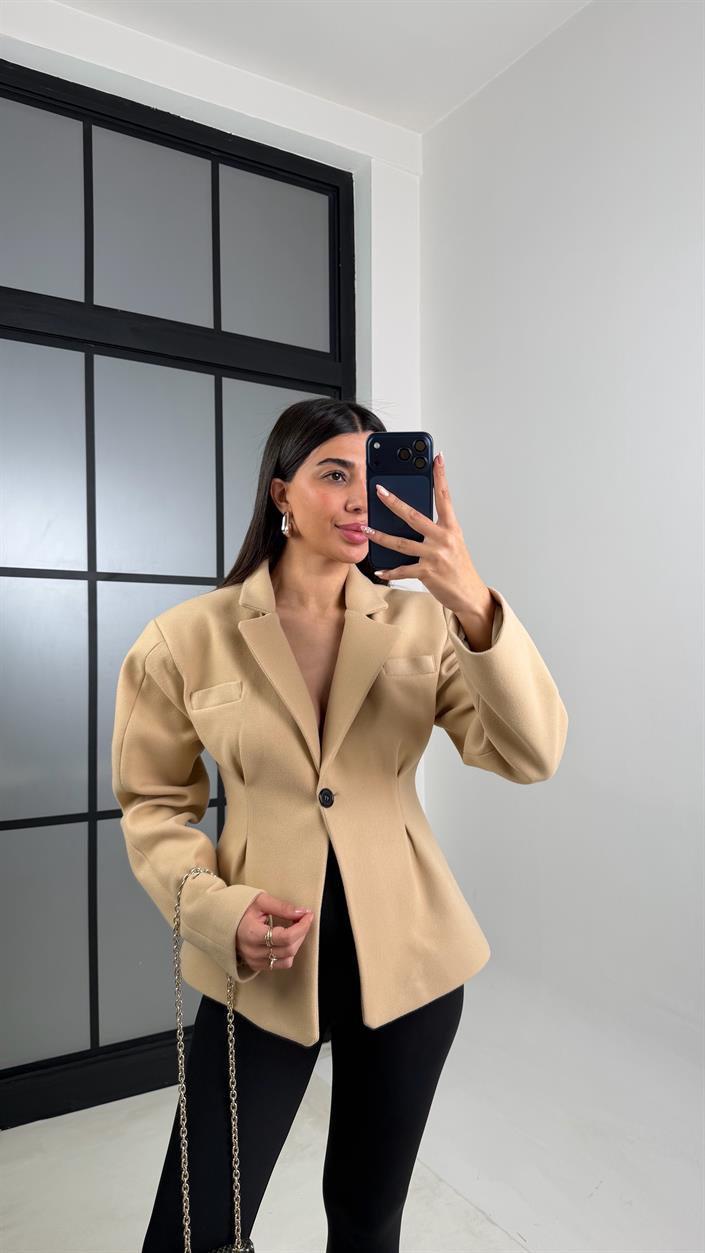 Camel Astarlı Belden Oturtmalı Premium Kaşe Ceket GAUS-00773