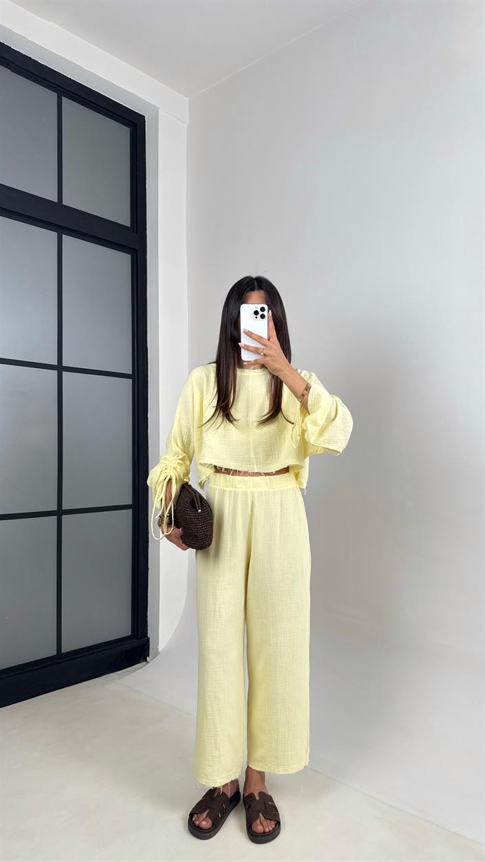 Sarı Kol Büzgülü Crop Beli Lastikli Pantolon Tasarım Müslin Takım Gaus00581