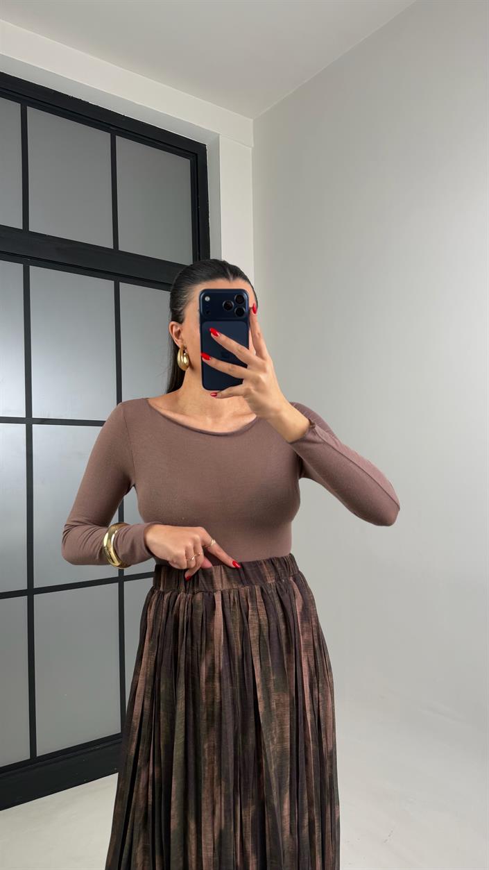 Yeşil Desenli Beli Lastikli Yarım Astarlı Şifon Etek GAUS-00923