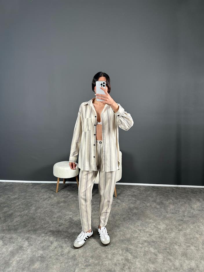 Miley Çizgili Oversize Keten İkili Takım 