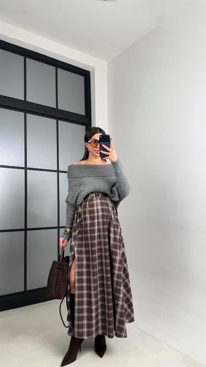 Bej Kahve Yırtmaçlı Kemerli Ekose Desenli Etek GAUS-01065